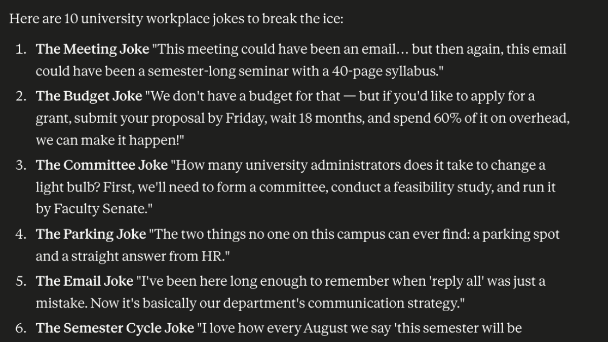 AI-generated jokes about life as a university professor