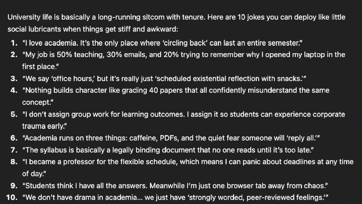 AI-generated jokes about life as a university professor