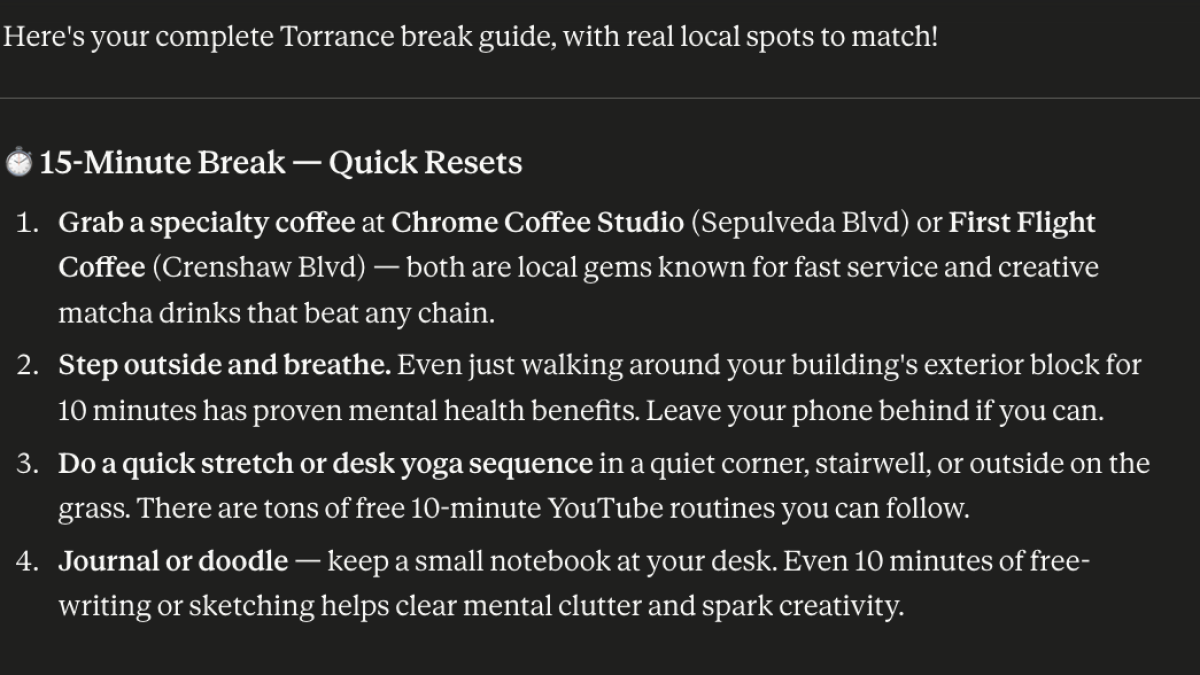 A screenshot of an AI-generated list of suggestions for fun things to do during work breaks