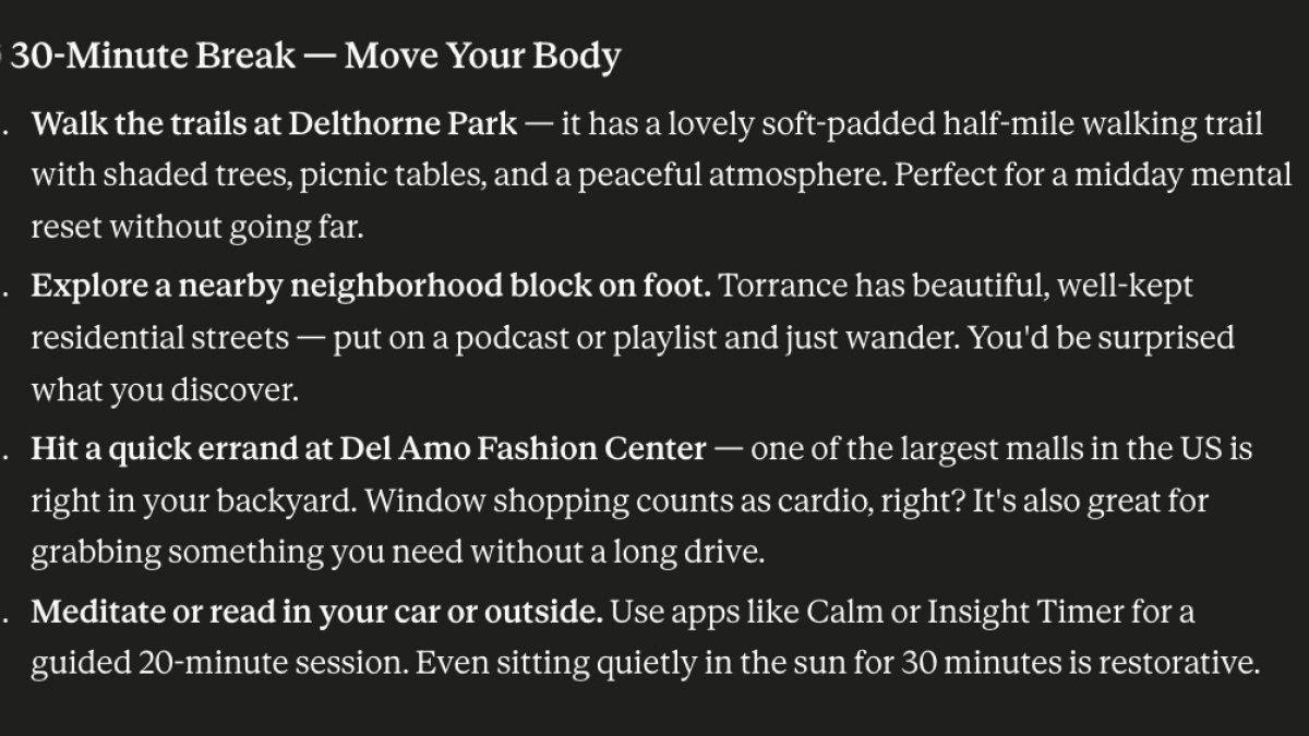 A screenshot of an AI-generated list of suggestions for fun things to do during work breaks