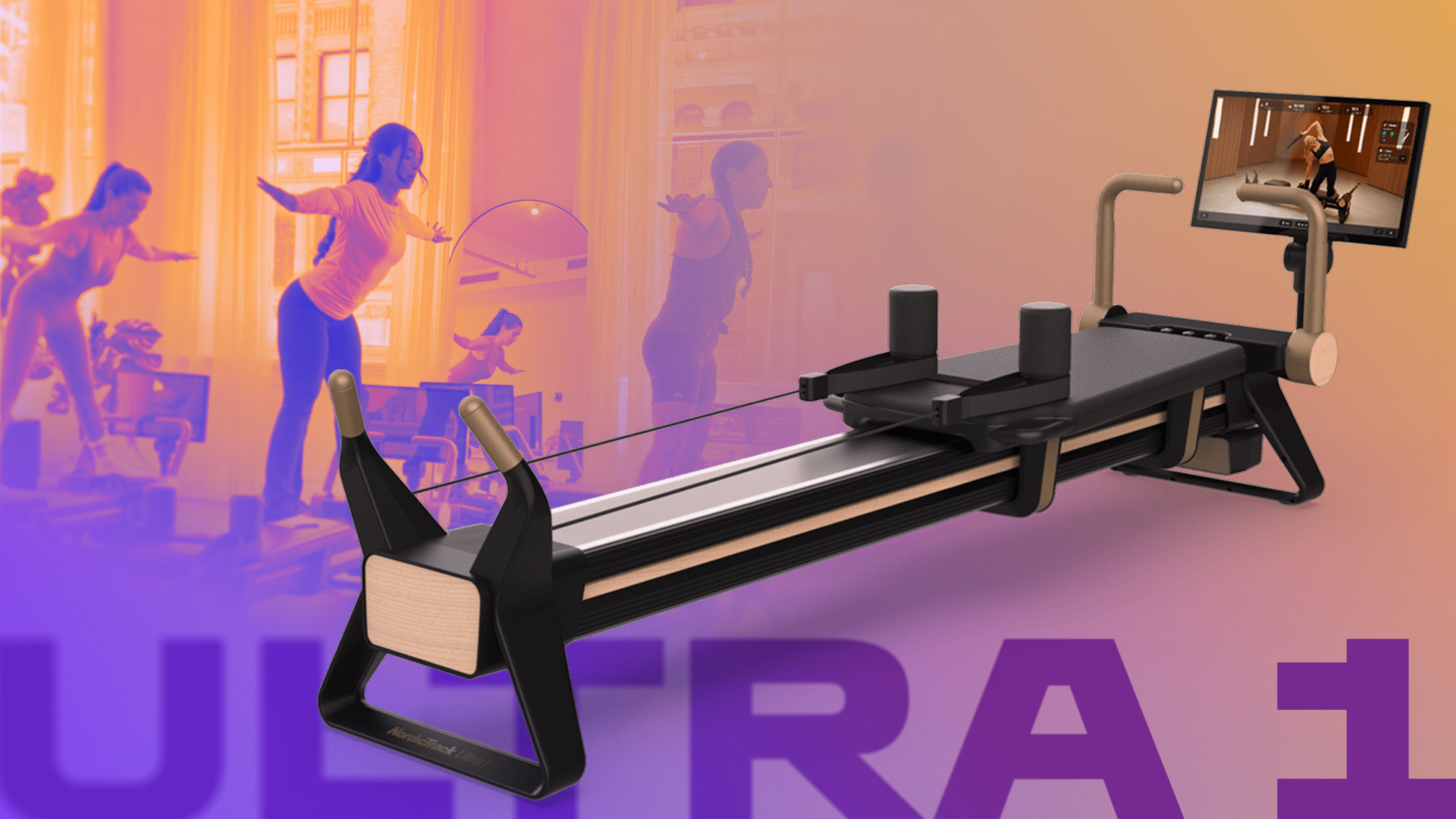 NordicTrack Ultra 1 Reformer on an orange and purple background with a Pilates class behind it