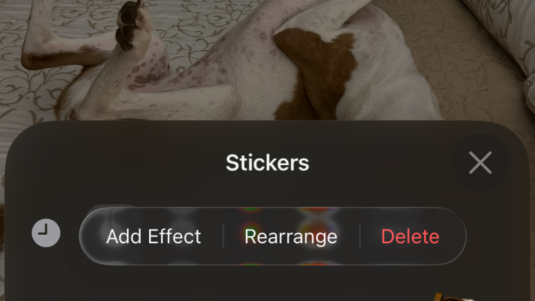 The iPhone stickers drawer with the Add Effect, Rearrange and Delete options showing.