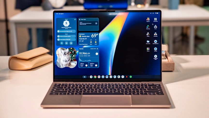 Dell XPS Googlebook sitting on a white desk. 