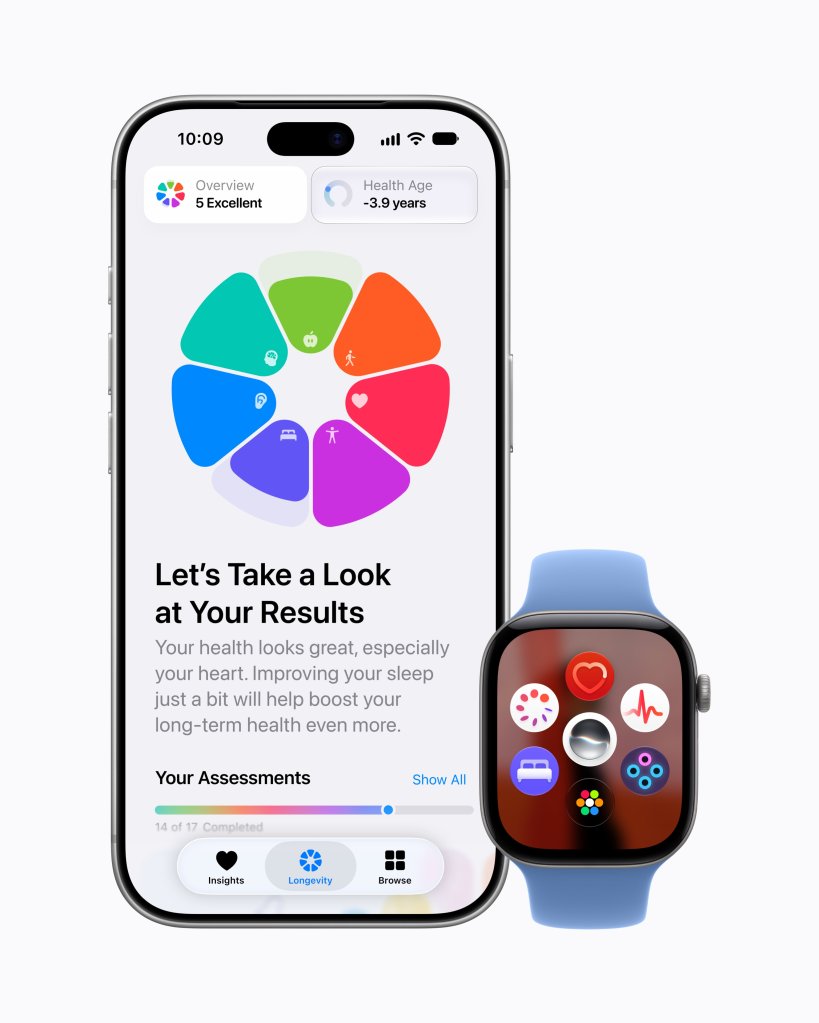The Apple Longevity tab on an iPhone next to an Apple Watch showing different apps.