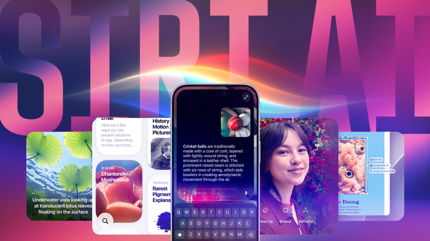 Siri AI in the background with images showing its features.